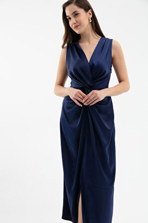 Kadın Lacivert Düğüm Detaylı Midi Saten Elbise