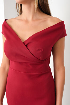 Kadın Bordo Kruvaze Yaka Midi Elbise