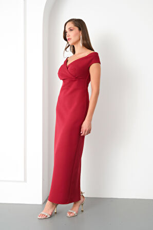 Kadın Bordo Kruvaze Yaka Midi Elbise