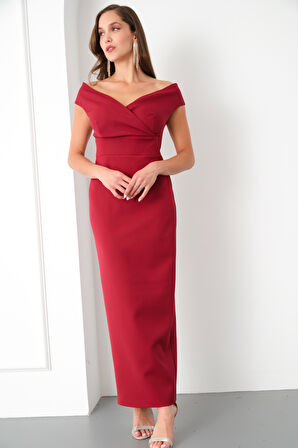 Kadın Bordo Kruvaze Yaka Midi Elbise