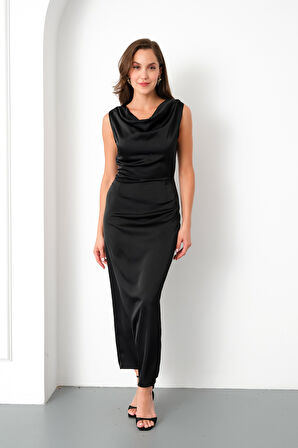 Kadın Siyah Degaje Yaka Midi Saten Elbise
