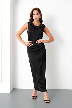 Kadın Siyah Degaje Yaka Midi Saten Elbise