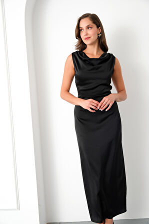 Kadın Siyah Degaje Yaka Midi Saten Elbise