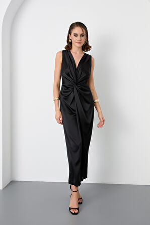 Kadın Siyah Düğüm Detaylı Midi Saten Elbise