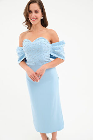 Kadın Bebe Mavi Straplez Yaka Kol Detay Midi Abiye Elbise