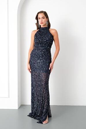 Kadın Lacivert Halter Yaka Pul İşlemeli Uzun Abiye Elbise