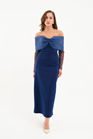 Kadın Lacivert Kol Detaylı Fiyonklu Söz Nişan Nikah Abiye Elbise