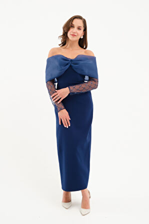 Kadın Lacivert Kol Detaylı Fiyonklu Söz Nişan Nikah Abiye Elbise