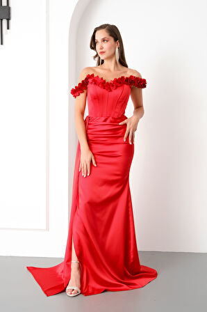 Kadın Kırmızı Yaka Çiçekli Uzun Saten Abiye Elbise