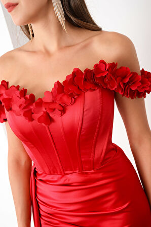 Kadın Kırmızı Yaka Çiçekli Uzun Saten Abiye Elbise