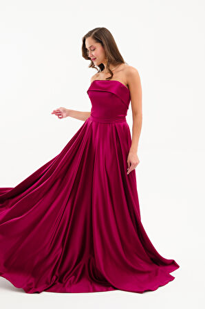 Kadın Mürdüm Straplez Saten Kloş Abiye Elbise