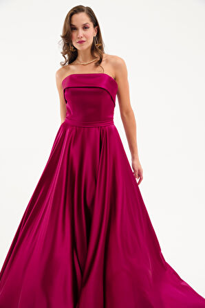 Kadın Mürdüm Straplez Saten Kloş Abiye Elbise