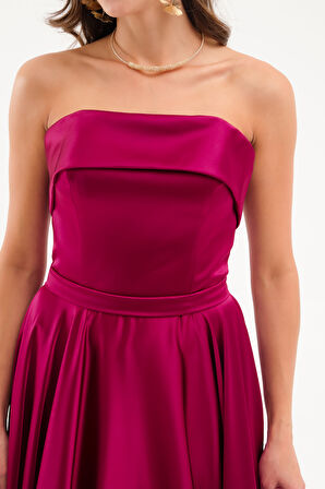 Kadın Mürdüm Straplez Saten Kloş Abiye Elbise