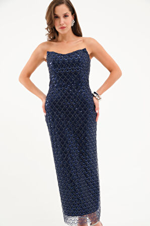 Kadın Lacivert Straplez Payetli Kalem Abiye Elbise