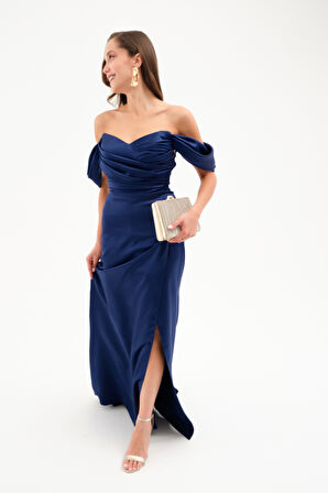 Kadın Lacivert Kayık Yaka Yırtmaçlı Söz Nişan Nikah Abiye Elbise