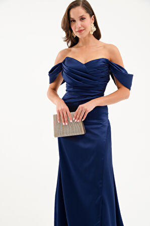 Kadın Lacivert Kayık Yaka Yırtmaçlı Söz Nişan Nikah Abiye Elbise