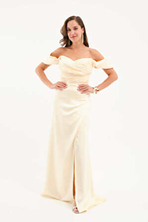 Kadın Sarı Kayık Yaka Yırtmaçlı Söz Nişan Nikah Abiye Elbise