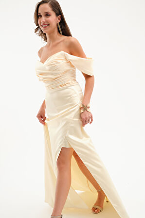 Kadın Sarı Kayık Yaka Yırtmaçlı Söz Nişan Nikah Abiye Elbise