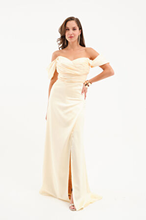 Kadın Sarı Kayık Yaka Yırtmaçlı Söz Nişan Nikah Abiye Elbise