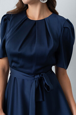 Kadın Lacivert Balon Kol Midi Saten Elbise