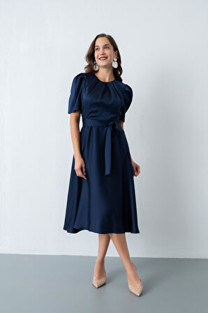 Kadın Lacivert Balon Kol Midi Saten Elbise