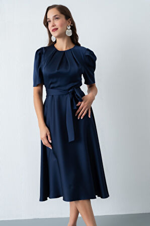 Kadın Lacivert Balon Kol Midi Saten Elbise