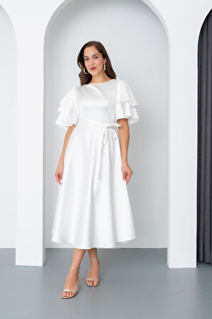 Kadın Beyaz Kısa Kol Fiyonklu Midi Saten Elbise