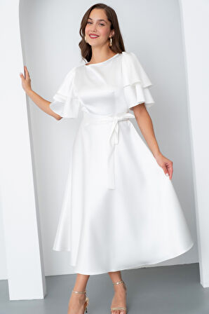Kadın Beyaz Kısa Kol Fiyonklu Midi Saten Elbise