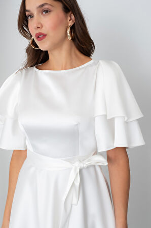 Kadın Beyaz Kısa Kol Fiyonklu Midi Saten Elbise