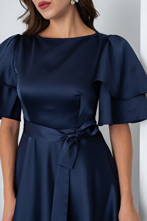 Kadın Lacivert Kısa Kol Fiyonklu Midi Saten Elbise