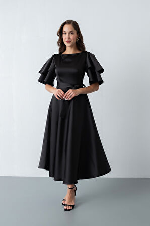 Kadın Siyah Kısa Kol Fiyonklu Midi Saten Elbise