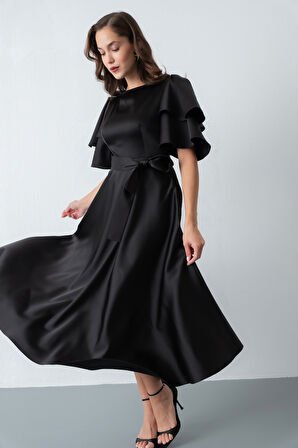 Kadın Siyah Kısa Kol Fiyonklu Midi Saten Elbise