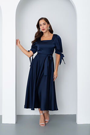 Kadın Lacivert Fiyonk Detay Midi Elbise