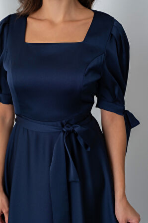 Kadın Lacivert Fiyonk Detay Midi Elbise