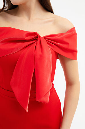 Kadın Kırmızı Yaka Detaylı Söz Nişan Nikah Abiye Elbise