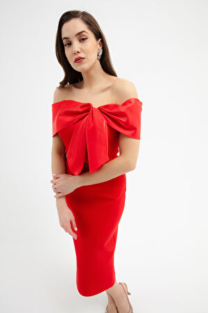 Kadın Kırmızı Yaka Detaylı Söz Nişan Nikah Abiye Elbise