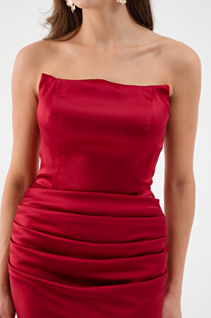 Kadın Bordo Straplez Uzun Saten Söz Nişan Abiye Elbise