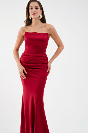 Kadın Bordo Straplez Uzun Saten Söz Nişan Abiye Elbise