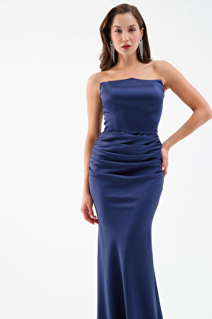 Kadın Lacivert Straplez Uzun Saten Söz Nişan Abiye Elbise