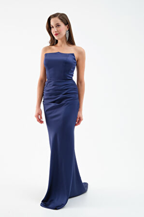 Kadın Lacivert Straplez Uzun Saten Söz Nişan Abiye Elbise
