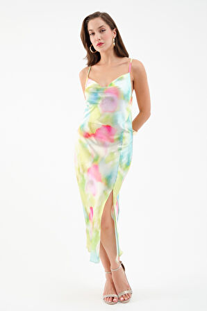 Kadın Yeşil Sırt Dekolteli Saten Elbise