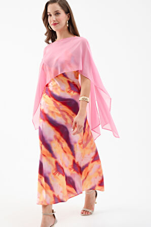 Kadın Pembe Desenli Saten Elbise