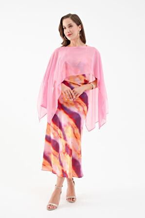 Kadın Pembe Desenli Saten Elbise