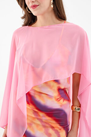 Kadın Pembe Desenli Saten Elbise