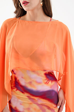 Kadın Turuncu Desenli Saten Elbise