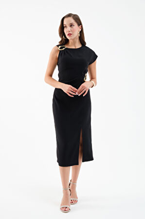 Kadın Siyah Aksesuar Detay Midi Elbise