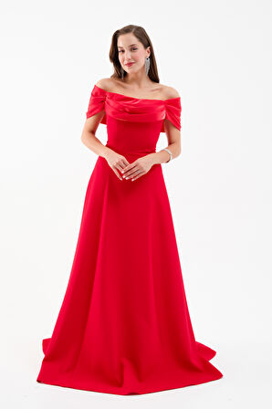 Kadın Kırmızı Yaka Detay Söz Nişan Uzun Abiye Elbise