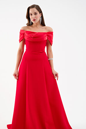 Kadın Kırmızı Yaka Detay Söz Nişan Uzun Abiye Elbise