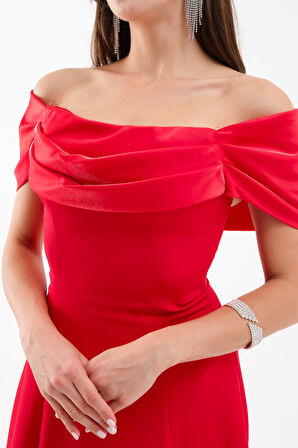 Kadın Kırmızı Yaka Detay Söz Nişan Uzun Abiye Elbise