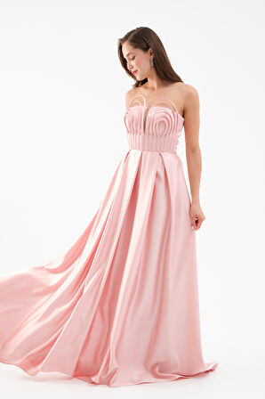 Kadın Pudra Göğüs Detay Uzun Saten Abiye Elbise